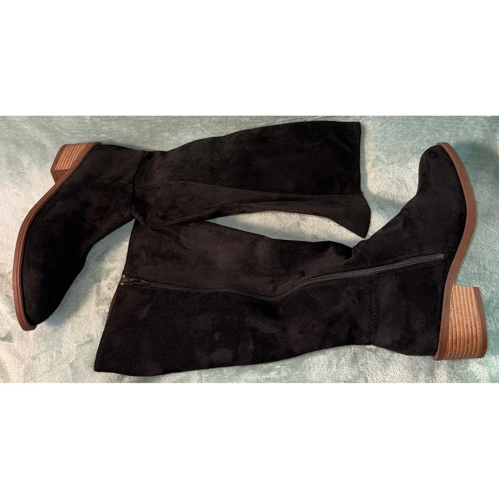 Unbranded Women Tall Riding Boots 39 Black Faux Suede Block Heel